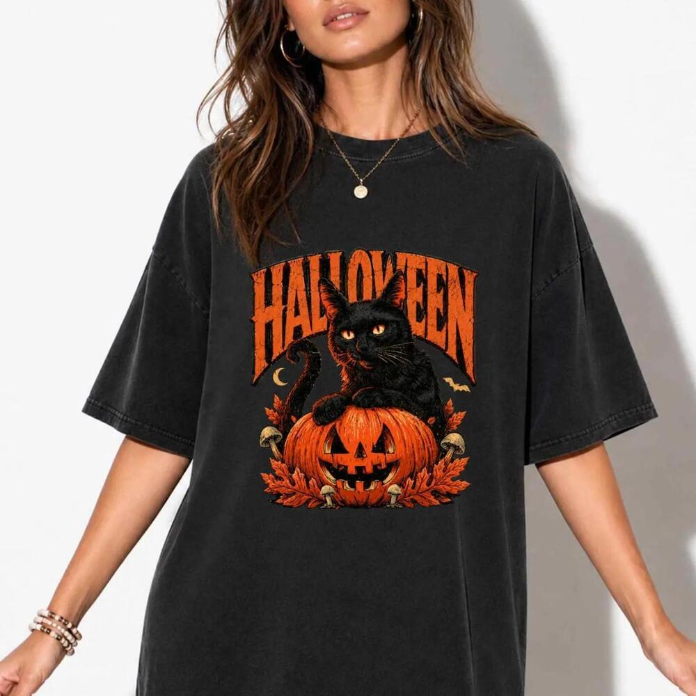 Halloween Cat Shirt, Black Cat Pumpkin Graphic Tee, Heavyweight Cotton